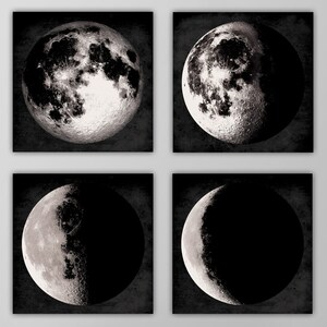 Moon Phases Art Print Set of Four - Black and White - Square Moon Canvas - Astronomy Decor - Moon Wall Art - Giclee or Canvas!