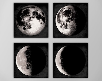 May include: Four black and white images of the moon in different phases. The moon is shown in full, gibbous, half, and crescent phases.