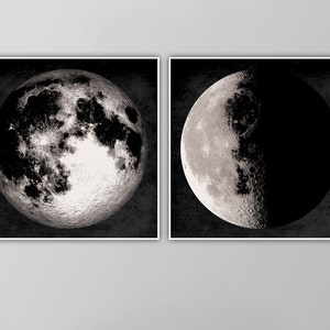 Giant Moon Print Set - Black and White Square Full Moon Prints - Outer Space Wall Art - Giclee Posters or Canvas - Two Piece Set!