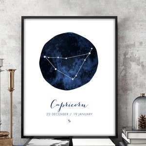 May include: A blue and white watercolor print of the Capricorn constellation with the text "Capricorn" and "22 December / 19 January" and the symbol for Capricorn.