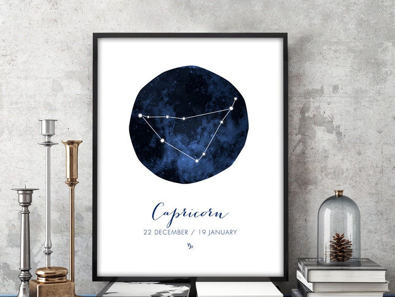 May include: A blue and white watercolor print of the Capricorn constellation with the text "Capricorn" and "22 December / 19 January" and the symbol for Capricorn.