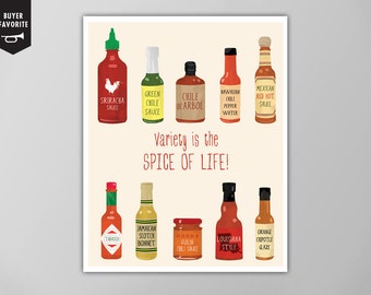 Hot Sauce Chart Print - Kitchen Decor - Types of Hot Sauce Poster - Cooking Wall Art - Spicy Food Lover Gift - Giclee or Canvas!