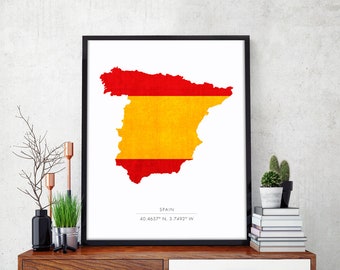 Spain Flag Map Outline Art Print - Spain Map - Travel Poster - European Wall Art - Giclee or Canvas!