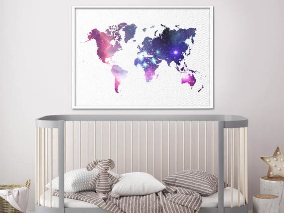 World Map Poster Galaxy World Map Star Map Art Print Faux Canvas Textured Nursery Decor Baby Room Art World Map Art Print Map Decor