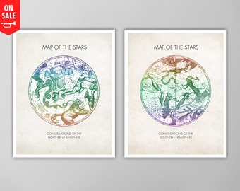 Maps of the Stars - Two Print Set - Vintage Constellation Map Reprints - Astrology Posters - Astrological Wall Art