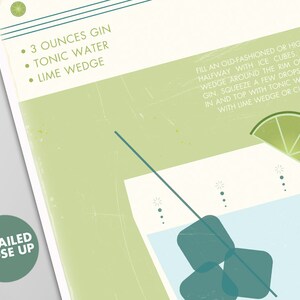 May include: A vintage-style illustration of a gin and tonic recipe. The illustration shows a glass filled with ice cubes, tonic water, and a lime wedge. The text on the image reads: "3 ounces gin, tonic water, lime wedge. Fill an old-fashioned or highball glass halfway with ice cubes, rub the lime wedge around the rim of glass, add gin, squeeze a few drops of lime juice in and top with tonic water garnish with lime wedge or cucumber spear."