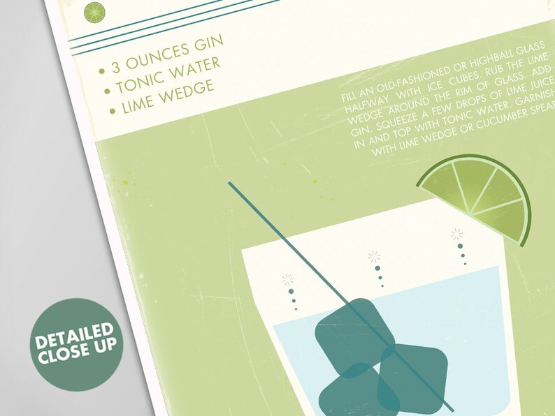 May include: A vintage-style illustration of a gin and tonic recipe. The illustration shows a glass filled with ice cubes, tonic water, and a lime wedge. The text on the image reads: "3 ounces gin, tonic water, lime wedge. Fill an old-fashioned or highball glass halfway with ice cubes, rub the lime wedge around the rim of glass, add gin, squeeze a few drops of lime juice in and top with tonic water garnish with lime wedge or cucumber spear."