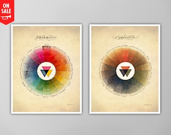Color Wheel Art Print Set - Prismatic And Compound Color Wheel Posters - Color Spectrum Prints - Giclee or Canvas!