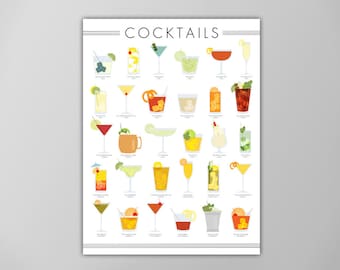 Classic Cocktails Chart - Food and Drink Decor - Bar Poster - Cocktail Art Print - Giclee or Canvas!