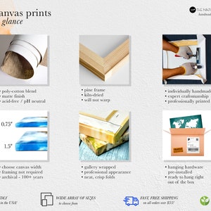 May include: Canvas prints are handmade in Pittsburgh, PA. The prints are made with a poly-cotton blend, acid-free, and pH neutral. The pine frame is kiln-dried and will not warp. The canvas is gallery wrapped, professionally printed, and comes with hanging hardware pre-installed. The canvas is available in a wide array of sizes, with widths of 0.75 inches and 1.5 inches.