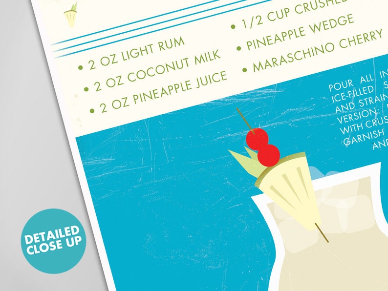 Puede incluir: Un p&oacute;ster ilustrado azul y blanco con una receta para un c&oacute;ctel. La receta incluye 2 onzas de ron blanco, 2 onzas de leche de coco, 2 onzas de jugo de pi&ntilde;a, 1/2 taza de hielo picado, una rodaja de pi&ntilde;a y una cereza marrasquino. El p&oacute;ster tambi&eacute;n incluye un primer plano detallado de una copa de c&oacute;ctel con una rodaja de pi&ntilde;a y dos cerezas en un palito.