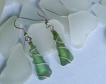 Sea glass earrings. Wire wrapped green beach glass sea earrings. Sea glass jewelry. gift for her. Gift For Her.