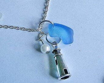Lighthouse necklace. Blue beach glass necklace - Sea glass necklace seaglass jewelry.