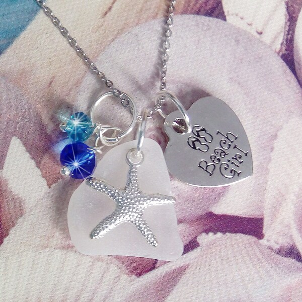 Sea glass necklace. Beach Girl Necklace. Sea glass necklace with silver  beach girl tag. Beach jewelry Sea glass necklace.. Gift For Her.