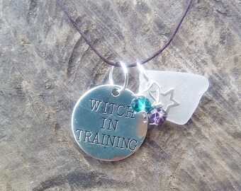 Sea glass necklace. Witch in training necklace. Pagan necklace. Witch necklace. Beach sea glass necklace. Wicca jewelry Sea glass necklace..