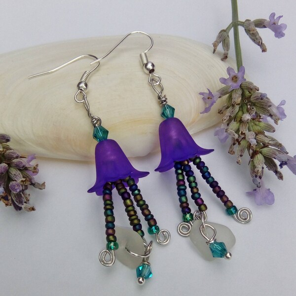 Enchanted Faerie Flower Earrings - Purple flower earrings - Enchanted Forest dangle earrings - Sea glass Earrings. gift for her.
