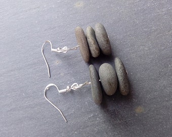 Beach pebble earrings, beach stone earrings, cairn earrings, sterling silver, pebble jewelry, pebble gift, beach jewelry.