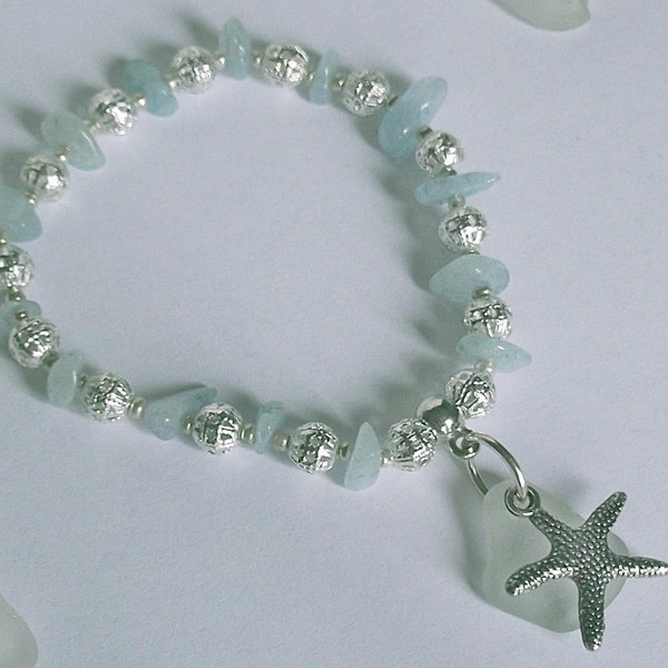 Aquamarine bracelet. Sea glass beach glass bracelet . Sea glass gift. Aquamarine jewelry. gift for her. Gift For Her.