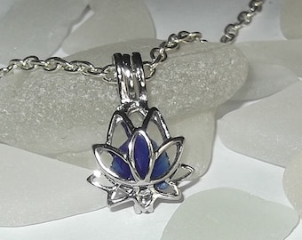 Lotus flower locket with blue sea glass. Beach glass locket - Sea glass Jewel