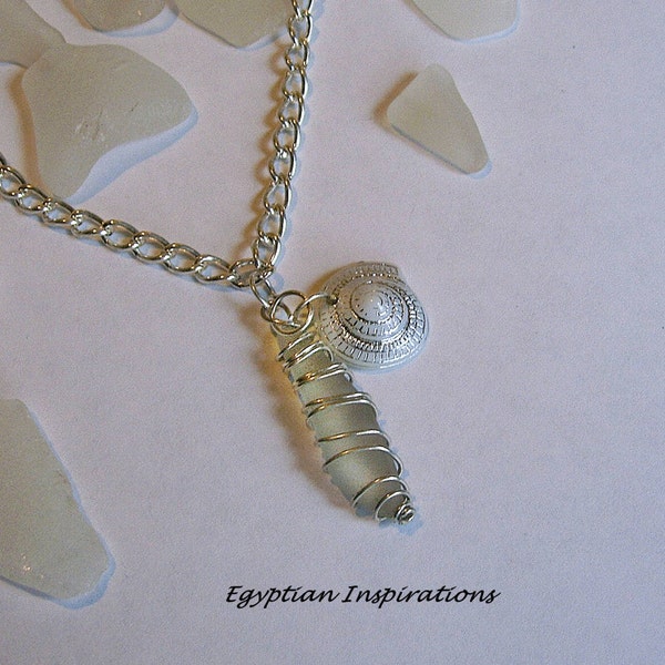 Sea glass necklace with shell charm. Sea glass jewelry. Beach glass necklace