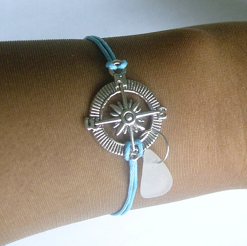 Beach glass nautical jewelry Compass bracelet Sea glass bracelet