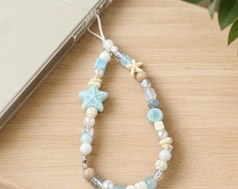Handmade Ocean Beaded Phone Lanyard Starfish Star Wrist Strap Anti-Lost Charm for Phone Camera Bag Gift