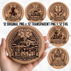 May include: A collection of circular wooden designs featuring emergency medical service themes, including EMT and paramedic imagery, ambulances, medical symbols, and text like 'Calm Under Pressure' and 'Saving Lives', presented as digital files.