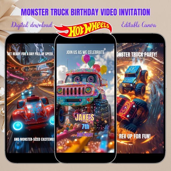 Monster Truck Birthday Invitation Template | Editable Canva Video Invite | Invitation For a Boy Digital Download