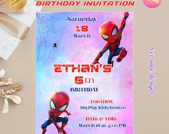 Invitación editable de cumpleaños de Spider-Man, plantilla de cumpleaños de superhéroe para niños, descarga digital.