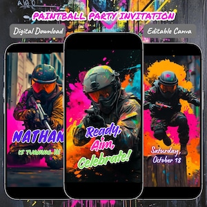 Può includere: Un invito digitale per una festa di paintball visualizzato su tre smartphone. Il design presenta un giocatore di paintball con schizzi di vernice colorati e il testo "NATHAN is turning [age]!", "Ready, Aim, Celebrate!", e "Saturday, October 18".
