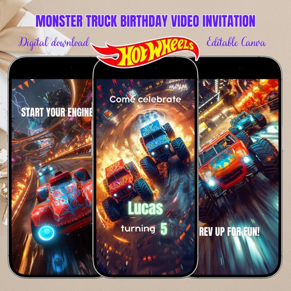 Monster Truck Birthday Invitation Template | Editable Canva Video Invite | Instant Download Boy Truck Party