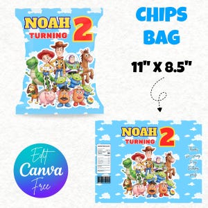 May include: A blue chip bag design featuring the text "NOAH TURNING 2" and various Toy Story characters. The bag is 11" x 8.5" and includes the words "CHIPS BAG". The design also includes the text "Thanks for coming to my birthday party."