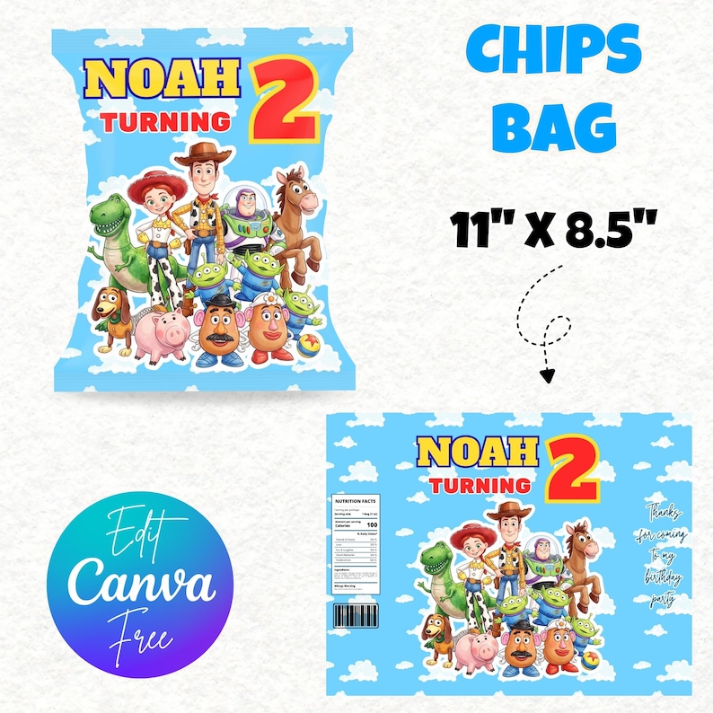 May include: A blue chip bag design featuring the text "NOAH TURNING 2" and various Toy Story characters. The bag is 11" x 8.5" and includes the words "CHIPS BAG". The design also includes the text "Thanks for coming to my birthday party."