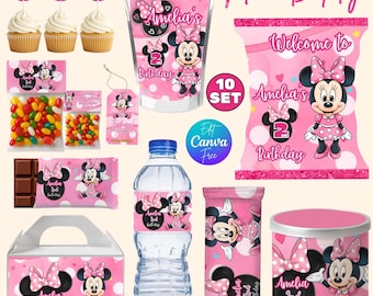 Cadeaux d'anniversaire de 10 ans Minnie Mouse, Imprimables d'anniversaire Minnie, sac pour chips, Capri soleil, bouteille d'eau, étiquette de boîte à pignons, cadeau d'anniversaire Minnie
