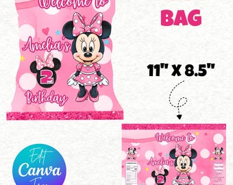 Recuerdos de cumpleaños de Minnie Mouse, imprimibles de cumpleaños de Minnie, bolsa de papas fritas de Minnie Mouse, recuerdo de cumpleaños de Minnie, editable en Canva, 28 x 21 cm