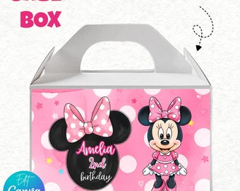 Recuerdos de cumpleaños de Minnie Mouse, etiqueta de caja de Minnie Gable, recuerdo de cumpleaños de Minnie Mouse imprimible, plantilla editable de Canva, 5,75 × 3,25 pulgadas
