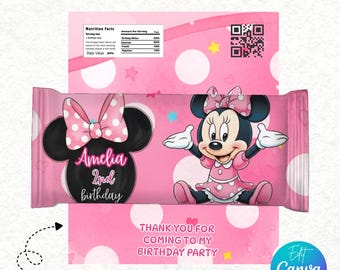 Recuerdos de cumpleaños de Minnie Mouse, envoltorio de Rice Krispies de Minnie, recuerdo de cumpleaños de Minnie Mouse imprimible, plantilla editable de Canva, 13 x 15 cm