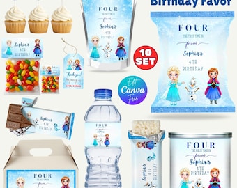 Paquete de recuerdos para fiesta de cumpleaños de Frozen, recuerdos de fiesta de Frozen editables, bolsa de papas fritas de Frozen, decoración para fiesta de cumpleaños de Frozen, recuerdos de fiesta de la princesa Elsa