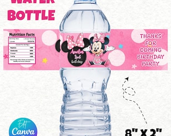 Minnie Mouse Birthday Party Favor, Minnie Water Bottle Label 8oz, Printable Minnie Mouse Birthday Favor, Editable Canva Template, 8×2 Inches