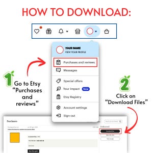 May include: A step-by-step guide on how to download files from Etsy. The image shows a screenshot of the Etsy website with red arrows pointing to the "Purchases and reviews" section and the "Download Files" button.