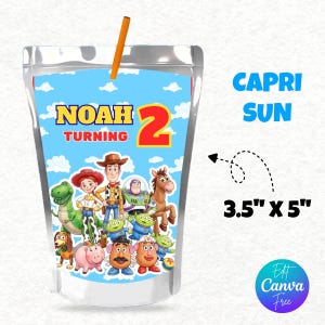 May include: Capri Sun juice pouch with a custom design for a child's second birthday. The design features characters from Toy Story, the child's name, and the text "Turning 2". The pouch measures 3.5" x 5".