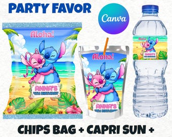 Stitch Angel Birthday Party Favors, Stitch Party Favors, Stitch Chips Bag, Capri Sun Label, Water Bottle Labels,  Lilo Stitch Birthday Favor