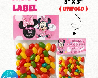 Recuerdos de cumpleaños de Minnie Mouse, etiqueta para bolsa de dulces de Minnie Mouse, recuerdo imprimible de cumpleaños de Minnie Mouse, plantilla editable de Canva, 7,6 x 7,6 cm
