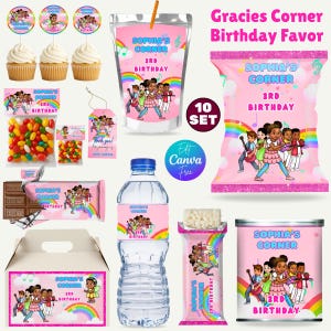 May include: A collection of party favors with a pink theme, featuring the text "Sophia's Corner 3rd Birthday." Items include cupcakes, candy, juice pouches, water bottles, and treat bags. The design incorporates rainbows and musical notes.