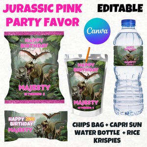 Op de afbeelding: Een verzameling feestartikelen met een Jurassic Park-thema. De set bevat een chipszak, een Capri Sun-zakje, een waterfles en een Rice Krispies-verpakking, allemaal met dinosaurusillustraties en de tekst "Happy Birthday Majesty". Het ontwerp is bewerkbaar.