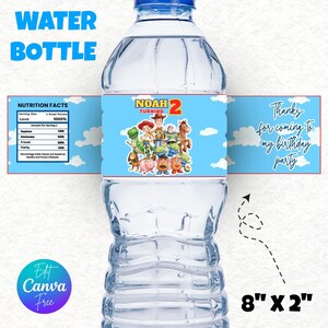 May include: A water bottle with a custom label. The label is light blue with white clouds and features the text "Noah Turning 2" and various cartoon characters. The label also includes the text "Thanks for coming to my birthday party". The label measures 8" x 2".