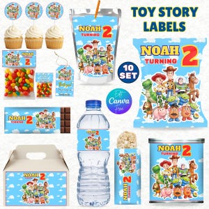May include: A collection of party supplies featuring characters from the Toy Story movie. The set includes labels for water bottles, juice pouches, and treat bags, along with cupcake toppers, candy bags, and a gift box. The design is blue with a cloud pattern.