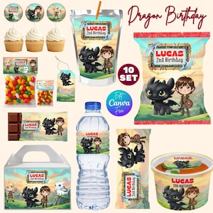May include: A collection of party supplies featuring a dragon theme. Includes cupcake toppers, juice pouches, chip bags, water bottle labels, candy bags, chocolate bars, favor boxes, and a snack cup. All items are decorated with cartoon dragons and the text "Lucas 2nd Birthday".