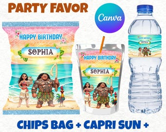 Recuerdos de fiesta de cumpleaños de la princesa Moana, bolsa de papas fritas personalizada, etiquetas Capri Sun y para botellas de agua, recuerdos editables de Moana, recuerdos para fiesta de niña