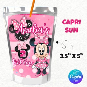 May include: A pink Capri Sun juice pouch with a Minnie Mouse theme. The pouch features Minnie Mouse in a pink polka dot dress, the name "Amelia's" and the text "2nd Birthday". The pouch measures 3.5" x 5".